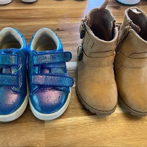 Size 6 Shoe Bundle Tan Boots & Shiny Blue Sneakers